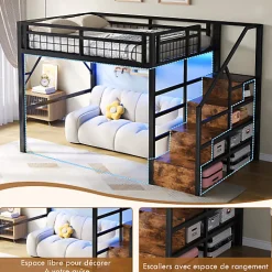 Lit mezzanine 140 x 200 cm - Structure en fer - Éclairage LED - Escalier - Noir (matelas non inclus)