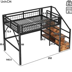 Lit mezzanine 140 x 200 cm - Structure en fer - Éclairage LED - Escalier - Noir (matelas non inclus)