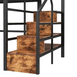 Lit mezzanine 140 x 200 cm - Structure en fer - Éclairage LED - Escalier - Noir (matelas non inclus)