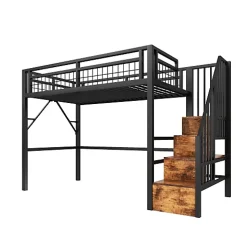 Lit mezzanine 90 x 200 cm - Structure en fer - Éclairage LED - Escalier - Noir (matelas non inclus)