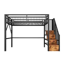 Lit mezzanine 90 x 200 cm - Structure en fer - Éclairage LED - Escalier - Noir (matelas non inclus)