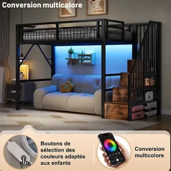 Lit mezzanine 90 x 200 cm - Structure en fer - Éclairage LED - Escalier - Noir (matelas non inclus)