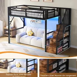 Lit mezzanine 90 x 200 cm - Structure en fer - Éclairage LED - Escalier - Noir (matelas non inclus)