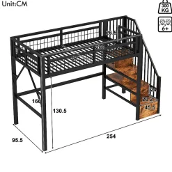 Lit mezzanine 90 x 200 cm - Structure en fer - Éclairage LED - Escalier - Noir (matelas non inclus)