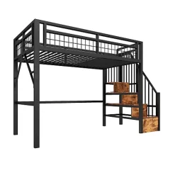 Lit mezzanine 90 x 200 cm - Structure en fer - Éclairage LED - Escalier - Noir (matelas non inclus)