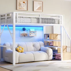 Lit mezzanine 90 x 200 cm - Structure en fer - Éclairage LED - Escalier - Blanc (matelas non inclus)