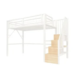 Lit mezzanine 90 x 200 cm - Structure en fer - Éclairage LED - Escalier - Blanc (matelas non inclus)