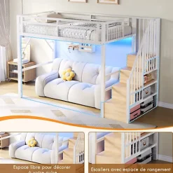 Lit mezzanine 90 x 200 cm - Structure en fer - Éclairage LED - Escalier - Blanc (matelas non inclus)