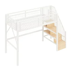 Lit mezzanine 90 x 200 cm - Structure en fer - Éclairage LED - Escalier - Blanc (matelas non inclus)
