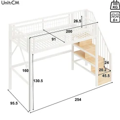 Lit mezzanine 90 x 200 cm - Structure en fer - Éclairage LED - Escalier - Blanc (matelas non inclus)
