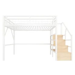 Lit mezzanine 140 x 200 cm - Structure en fer - Éclairage LED - Escalier - Blanc (matelas non inclus)