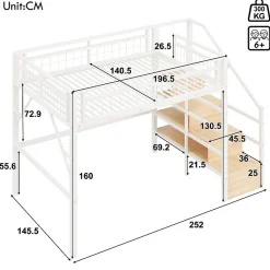Lit mezzanine 140 x 200 cm - Structure en fer - Éclairage LED - Escalier - Blanc (matelas non inclus)