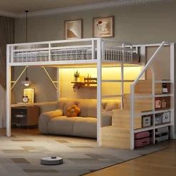 Lit mezzanine 140 x 200 cm - Structure en fer - Éclairage LED - Escalier - Blanc (matelas non inclus)