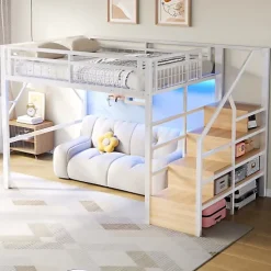 Lit mezzanine 140 x 200 cm - Structure en fer - Éclairage LED - Escalier - Blanc (matelas non inclus)
