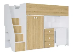 Lit mezzanine 90 x 190 cm avec armoire et bureau - Blanc et naturel - LANILATO