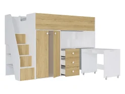 Lit mezzanine 90 x 190 cm avec armoire et bureau - Blanc et naturel - LANILATO