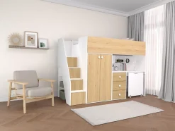Lit mezzanine 90 x 190 cm avec armoire et bureau - Blanc et naturel - LANILATO