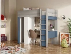 Lit mezzanine 90 x 200 cm avec armoire et bureau - Bleu et blanc + matelas - NICOLAS