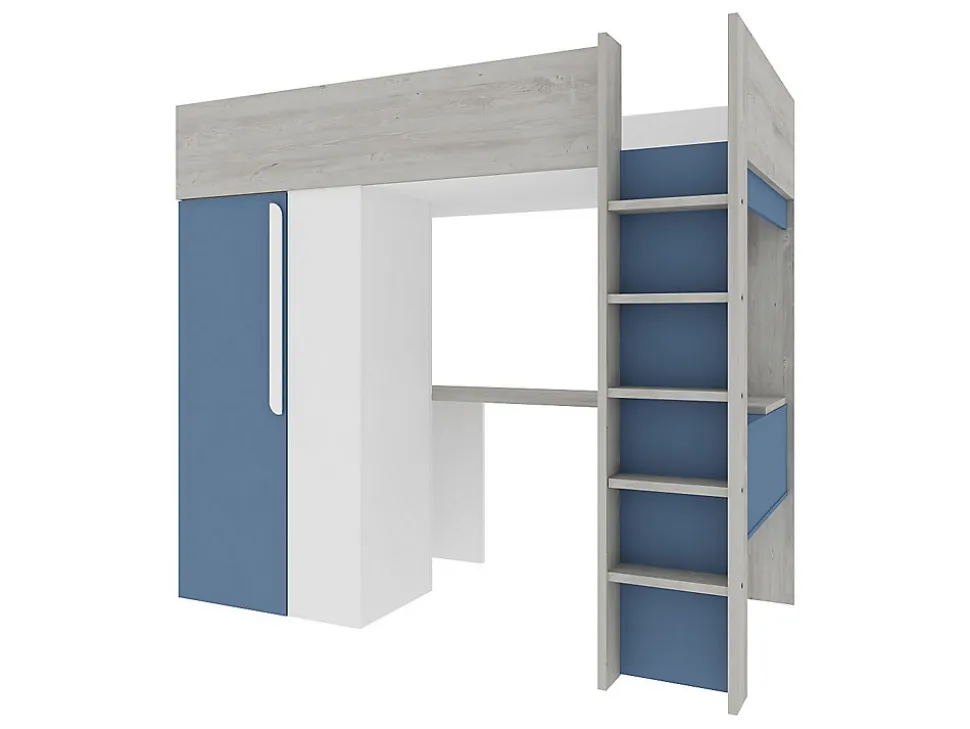 Lit mezzanine 90 x 200 cm avec armoire et bureau - Bleu et blanc + matelas - NICOLAS