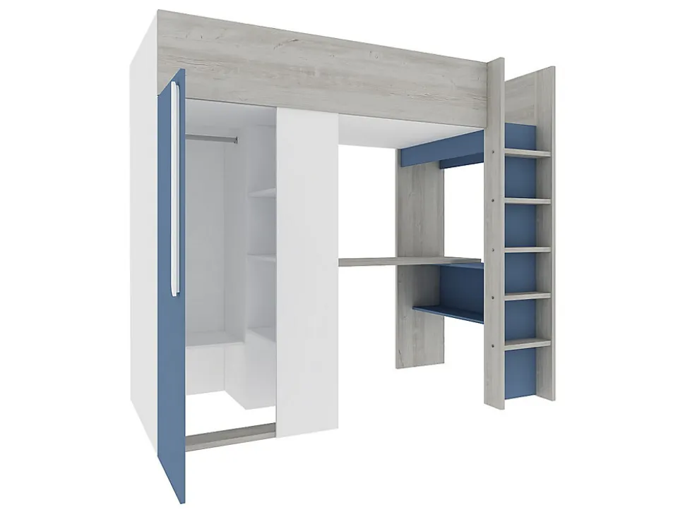 Lit mezzanine 90 x 200 cm avec armoire et bureau - Bleu et blanc + matelas - NICOLAS
