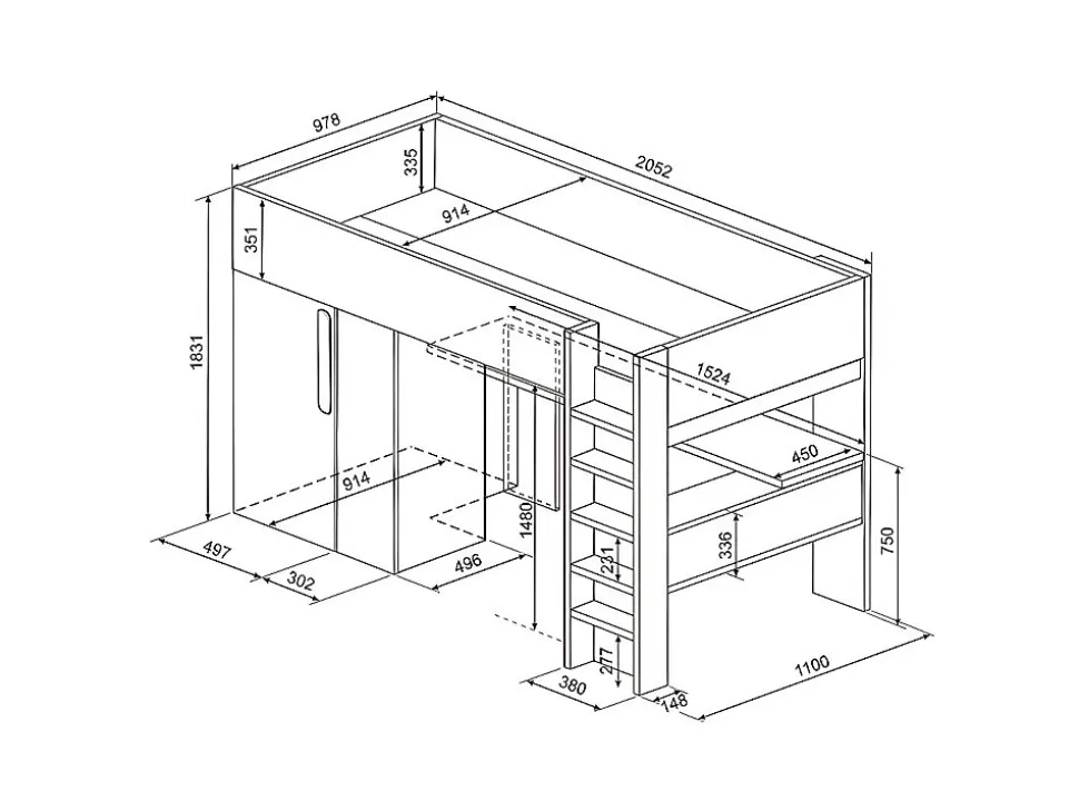 Lit mezzanine 90 x 200 cm avec armoire et bureau - Bleu et blanc + matelas - NICOLAS