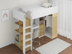 Lit mezzanine 90 x 190 cm avec bureau et penderie - Coloris : Blanc et naturel - LORINTI