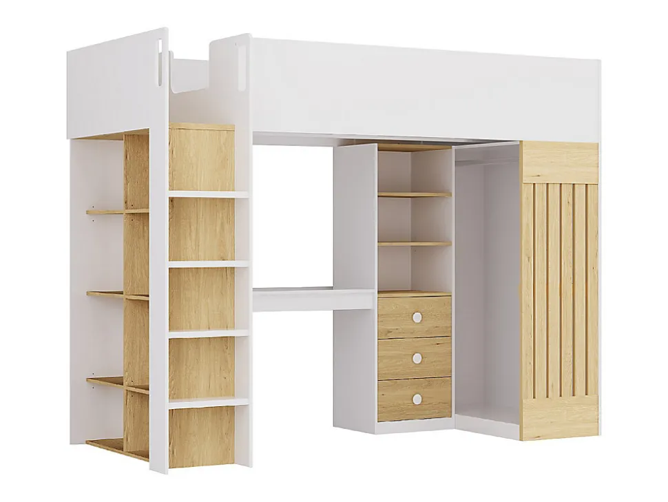Lit mezzanine 90 x 190 cm avec bureau et penderie - Coloris : Blanc et naturel - LORINTI