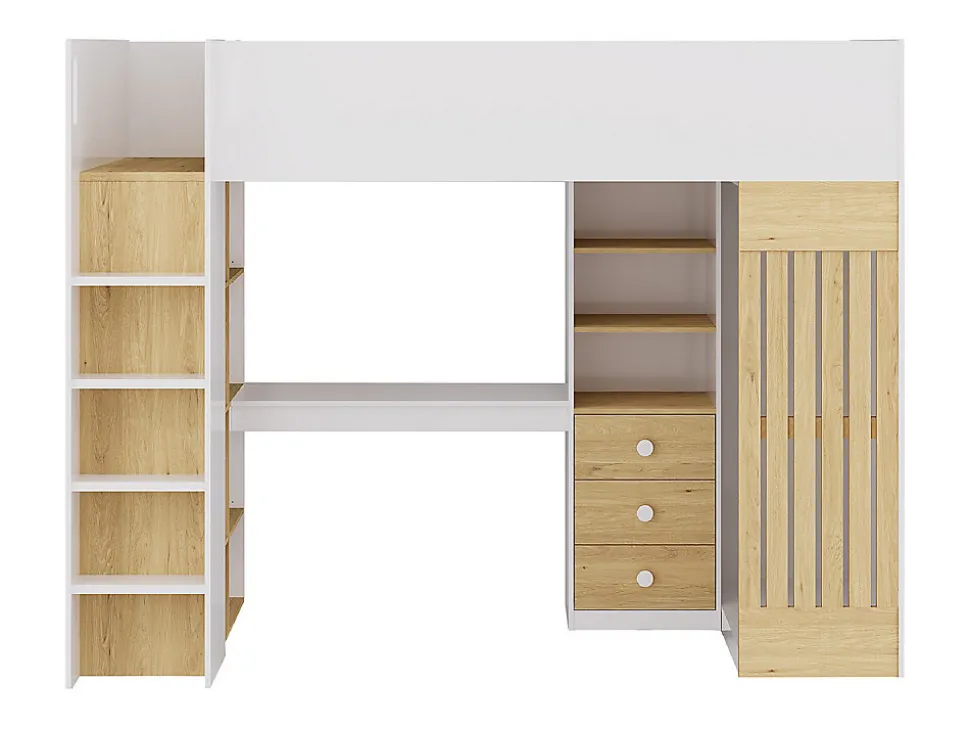 Lit mezzanine 90 x 190 cm avec bureau et penderie - Coloris : Blanc et naturel - LORINTI