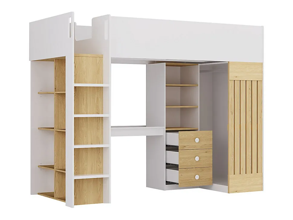 Lit mezzanine 90 x 190 cm avec bureau et penderie - Coloris : Blanc et naturel - LORINTI