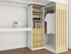 Lit mezzanine 90 x 190 cm avec bureau et penderie - Coloris : Blanc et naturel - LORINTI