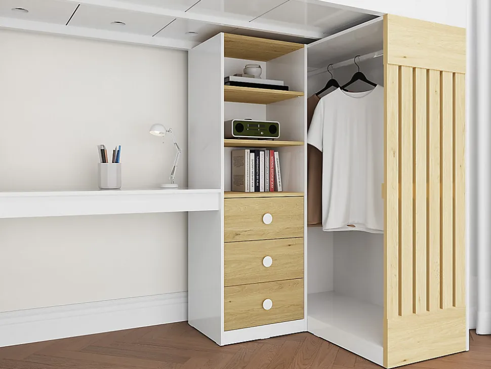 Lit mezzanine 90 x 190 cm avec bureau et penderie - Coloris : Blanc et naturel - LORINTI