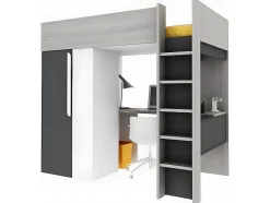 Lit mezzanine 90 x 200 cm avec armoire et bureau - Anthracite et blanc + matelas - NICOLAS II