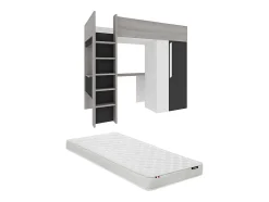 Lit mezzanine 90 x 200 cm avec armoire et bureau - Anthracite et blanc + matelas - NICOLAS II