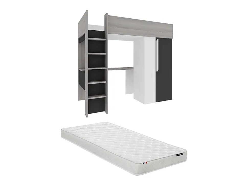 Lit mezzanine 90 x 200 cm avec armoire et bureau - Anthracite et blanc + matelas - NICOLAS II