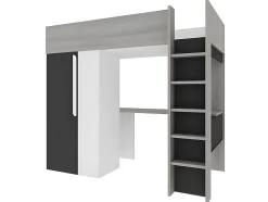 Lit mezzanine 90 x 200 cm avec armoire et bureau - Anthracite et blanc + matelas - NICOLAS II