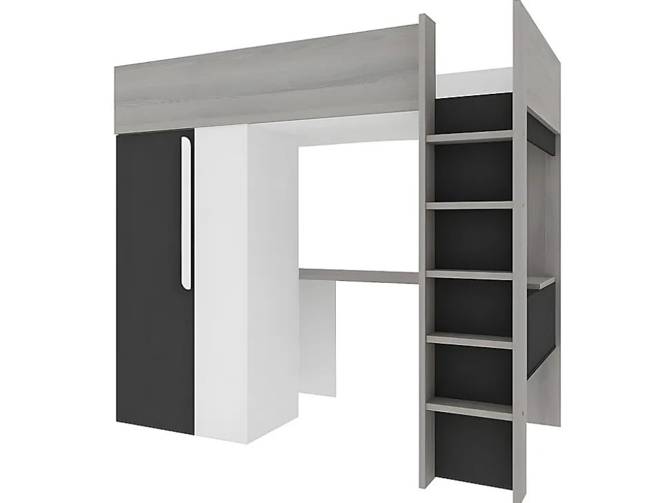 Lit mezzanine 90 x 200 cm avec armoire et bureau - Anthracite et blanc + matelas - NICOLAS II