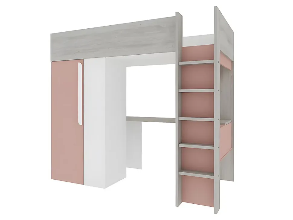 Lit mezzanine 90 x 200 cm avec armoire et bureau - Rose et blanc + matelas - NICOLAS