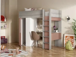 Lit mezzanine 90 x 200 cm avec armoire et bureau - Rose et blanc + matelas - NICOLAS