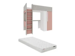 Lit mezzanine 90 x 200 cm avec armoire et bureau - Rose et blanc + matelas - NICOLAS