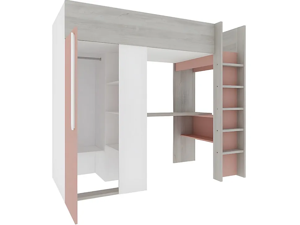 Lit mezzanine 90 x 200 cm avec armoire et bureau - Rose et blanc + matelas - NICOLAS
