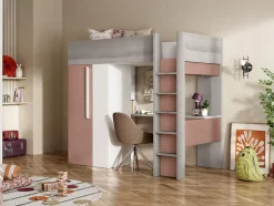 Lit mezzanine 90 x 200 cm avec armoire et bureau - Rose et blanc - NICOLAS