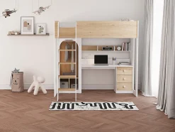 Lit mezzanine 90 x 190 cm avec penderie et bureau - Coloris : Naturel et blanc - ALVENOU