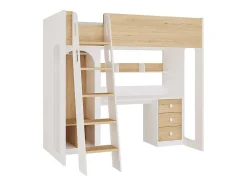 Lit mezzanine 90 x 190 cm avec penderie et bureau - Coloris : Naturel et blanc - ALVENOU