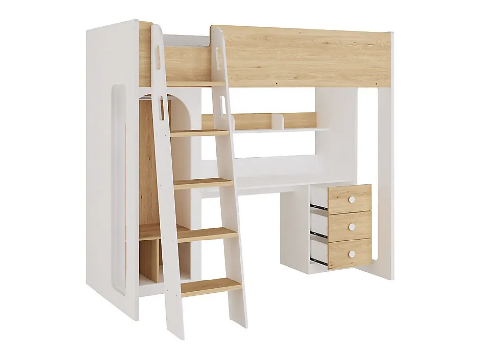 Lit mezzanine 90 x 190 cm avec penderie et bureau - Coloris : Naturel et blanc - ALVENOU