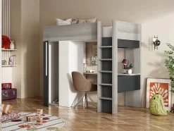 Lit mezzanine 90 x 200 cm avec armoire et bureau - Anthracite et blanc - NICOLAS II