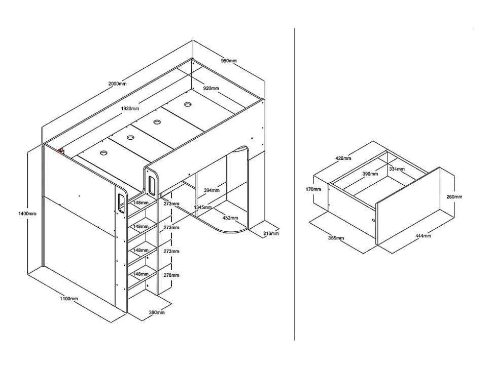 Lit mezzanine 90 x 190 cm avec rangements - Blanc - COLUMI