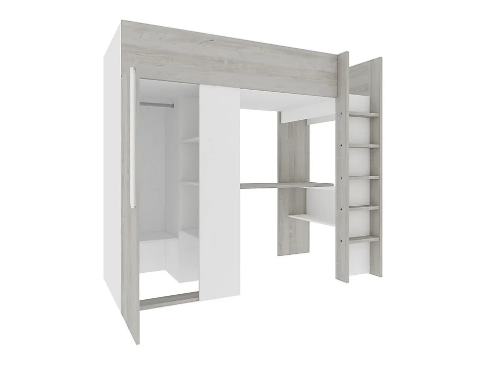 Lit mezzanine 90 x 200 cm avec armoire et bureau - Naturel grisé et blanc - NICOLAS