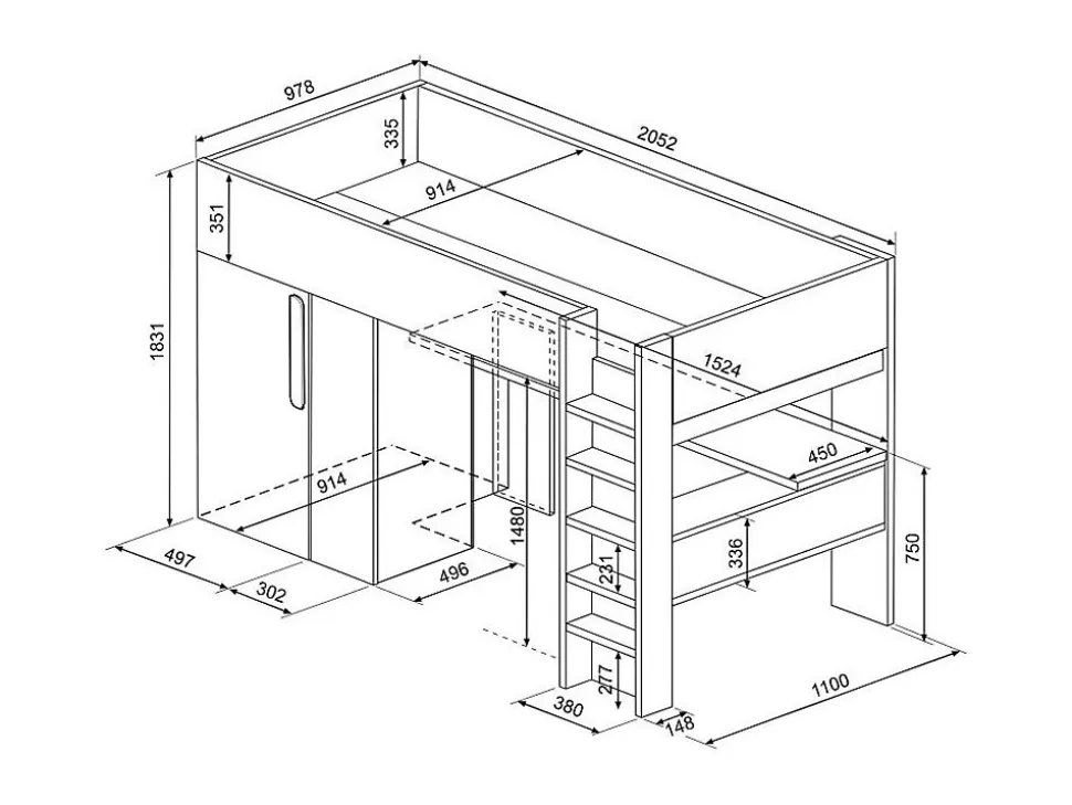 Lit mezzanine 90 x 200 cm avec armoire et bureau - Naturel grisé et blanc - NICOLAS