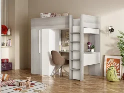 Lit mezzanine 90 x 200 cm avec armoire et bureau - Naturel grisé et blanc - NICOLAS