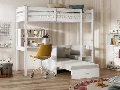 Lit mezzanine 90 x 200 cm avec bureau, sofa convertible et rangements - Pin et MDF - Blanc - GOLIATH III